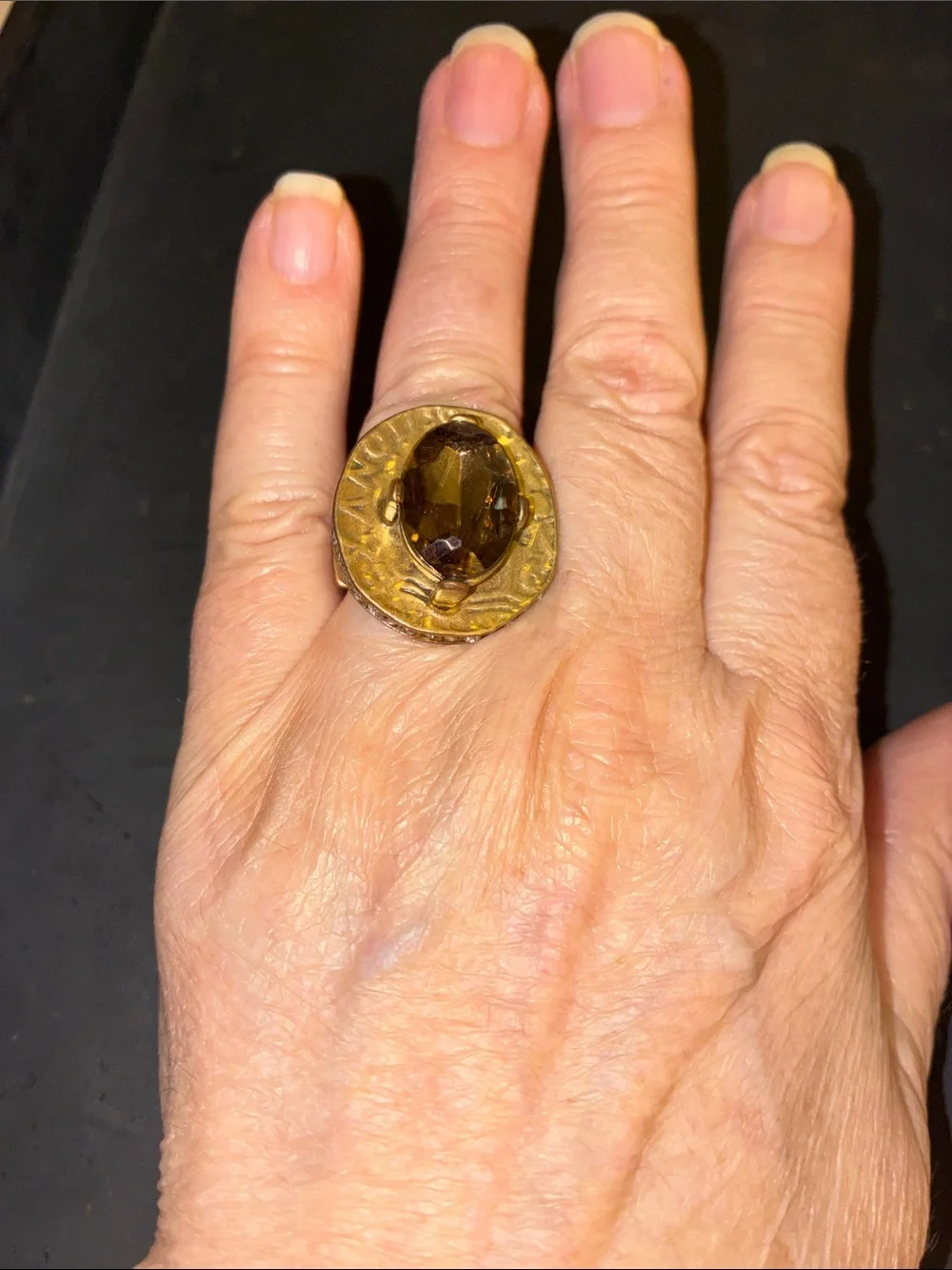 Gold-Tone Stretch Ring with Amber Brown Stone